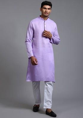 Purple Solid Poly Blend Kurta Set For Men