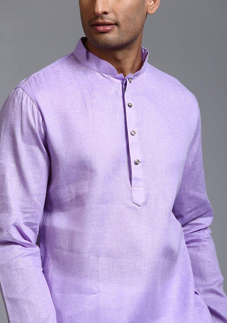Purple Solid Poly Blend Kurta Set For Men