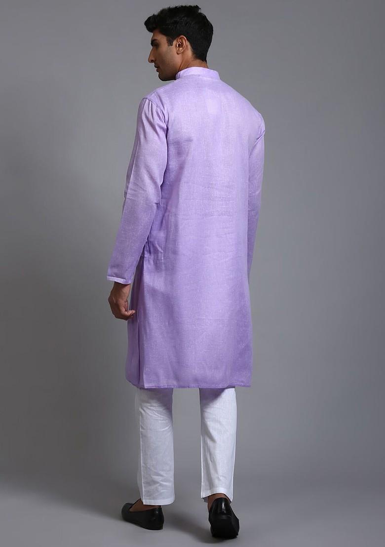 Purple Solid Poly Blend Kurta Set For Men