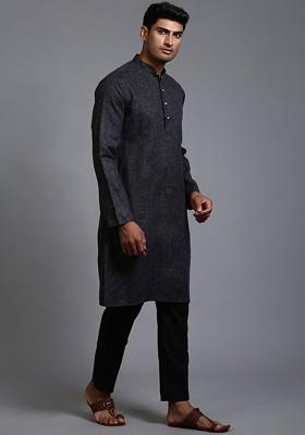 Black Solid Poly Blend Kurta Set For Men
