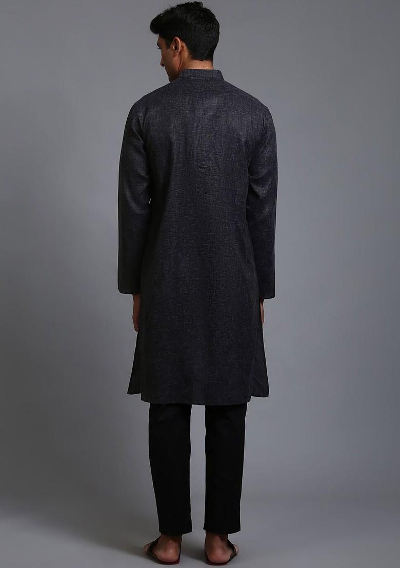 Black Solid Poly Blend Kurta Set For Men