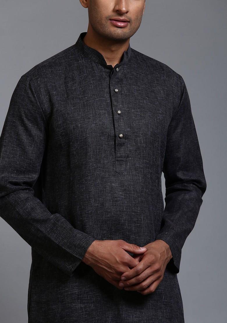 Black Solid Poly Blend Kurta Set For Men