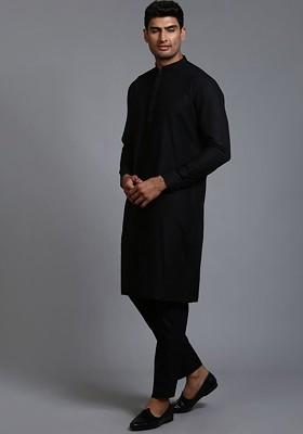 Black Solid Poly Blend Kurta Set For Men