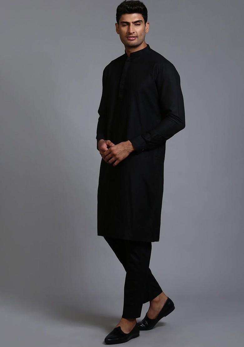 Black Solid Poly Blend Kurta Set For Men