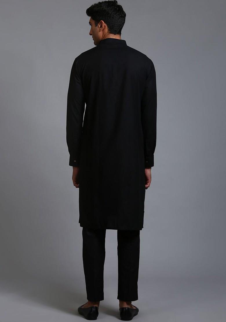 Black Solid Poly Blend Kurta Set For Men