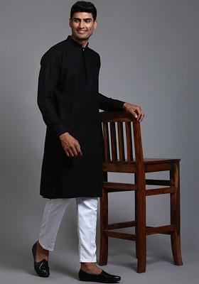 Black Solid Poly Blend Kurta Set For Men
