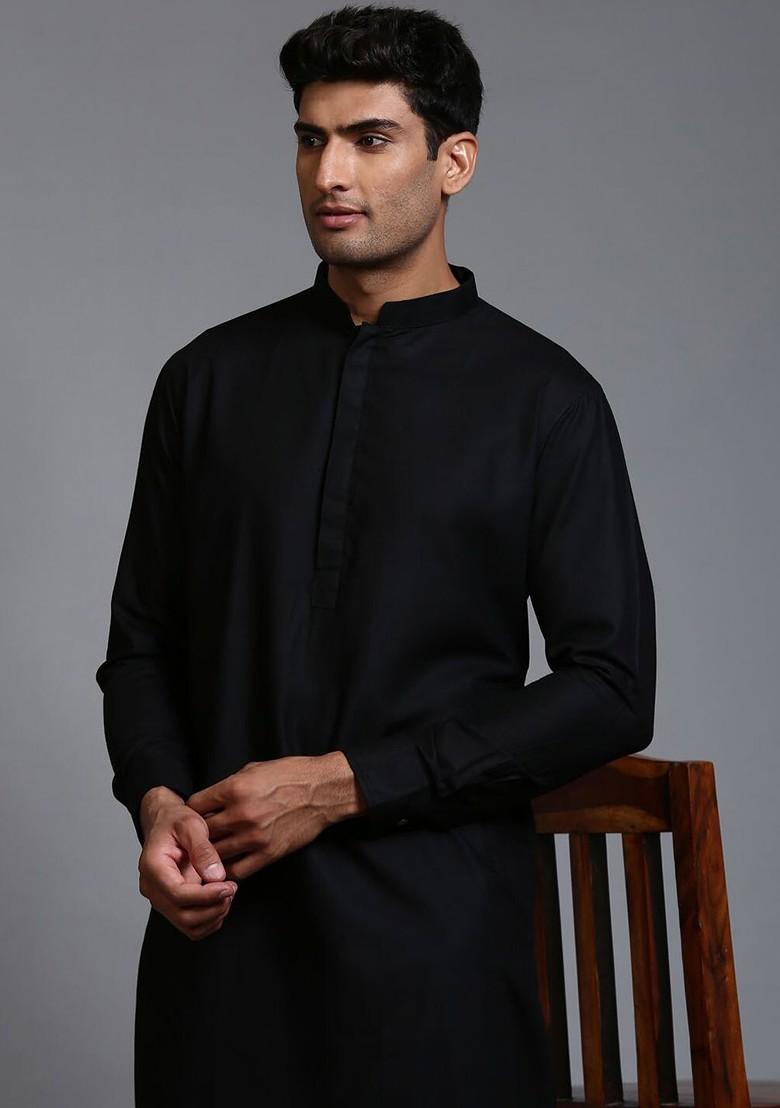 Black Solid Poly Blend Kurta Set For Men