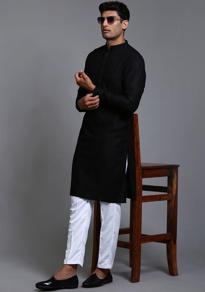 Black Solid Poly Blend Kurta Set For Men