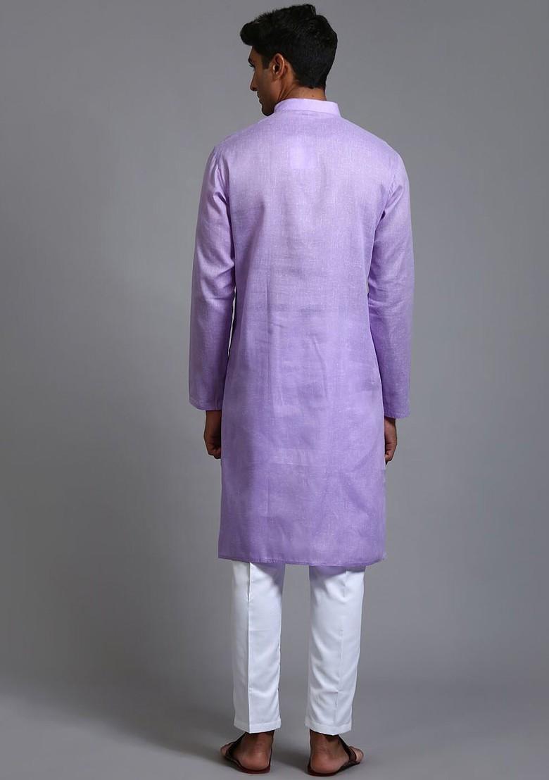 Purple Solid Poly Blend Kurta Set For Men