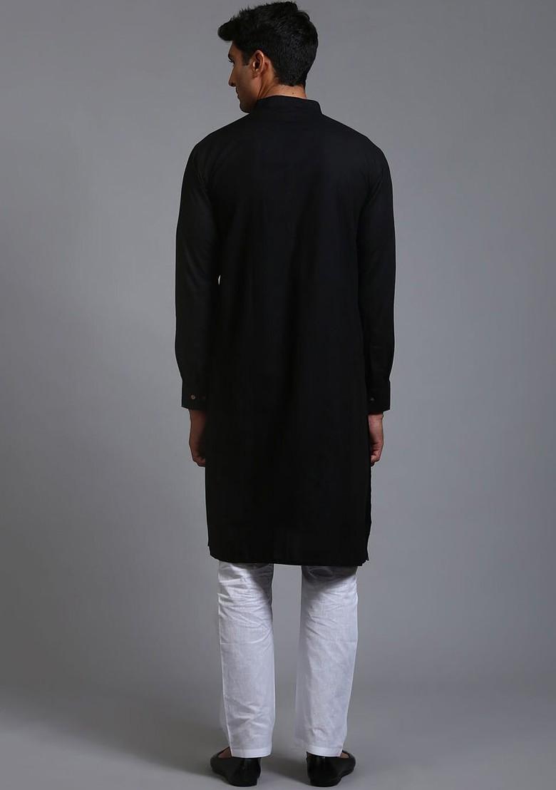 Black Solid Poly Blend Kurta Set For Men