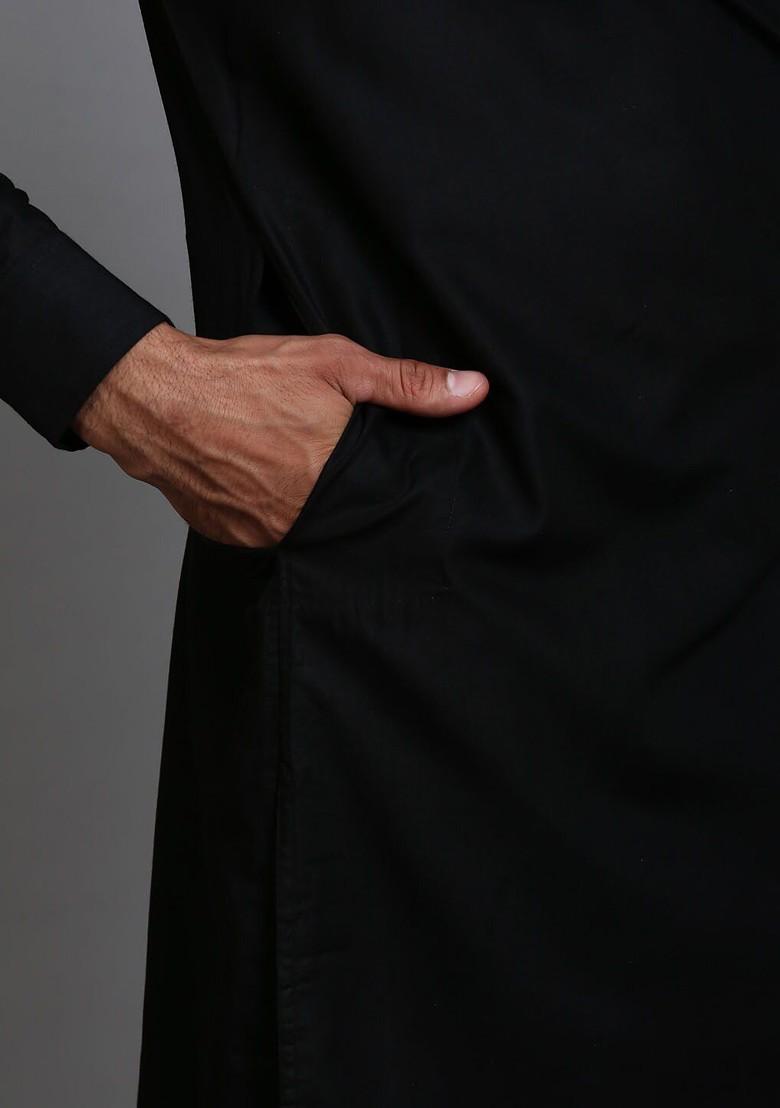 Black Solid Poly Blend Kurta Set For Men
