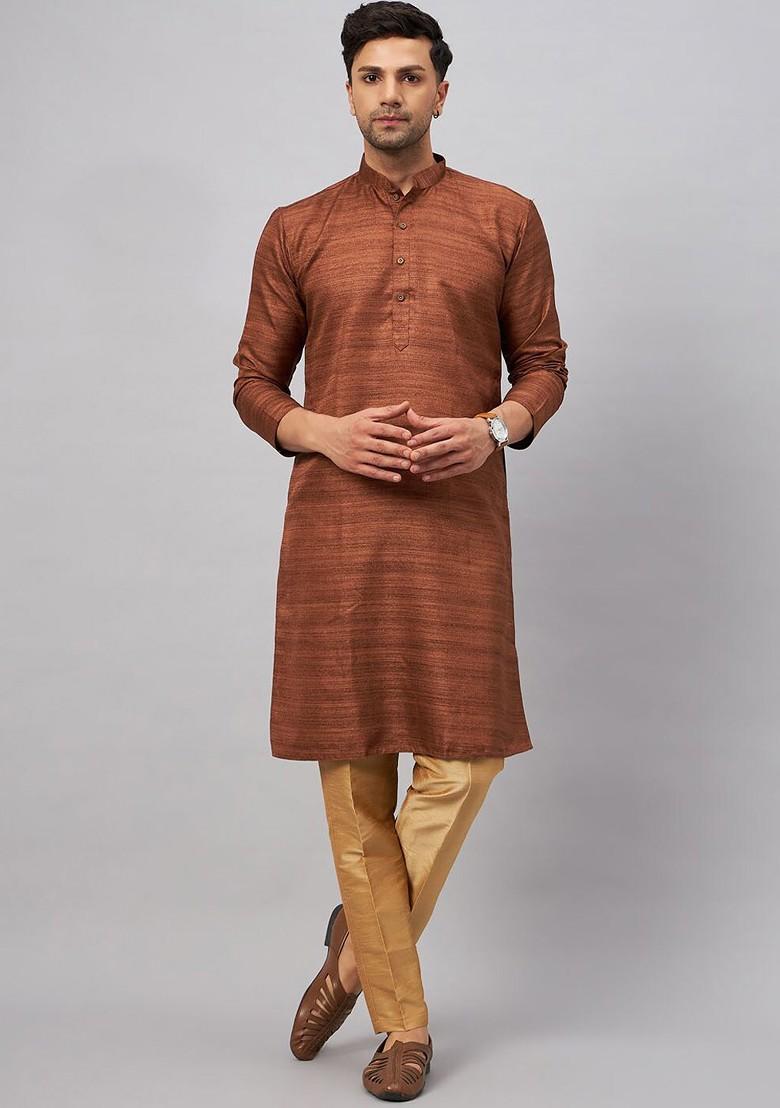 Coffee Brown Striped Poly Blend Kurta Set For Men