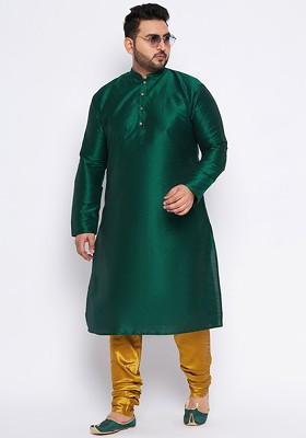 Green Solid Poly Blend Kurta Set For Men