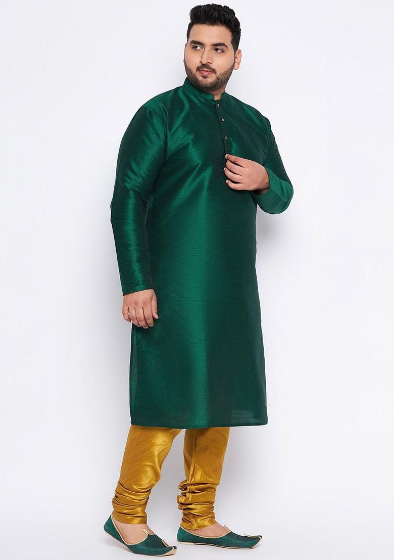 Green Solid Poly Blend Kurta Set For Men