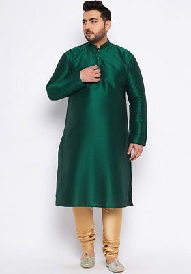 Green Solid Poly Blend Kurta Set For Men
