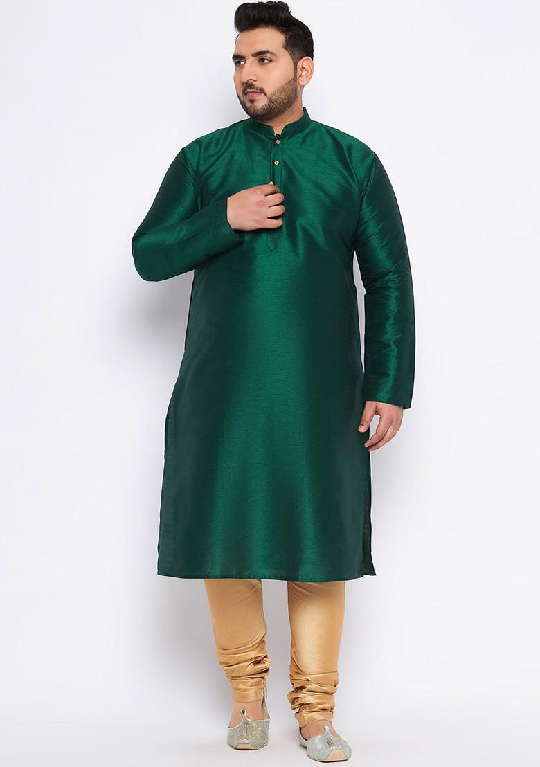 Green Solid Poly Blend Kurta Set For Men
