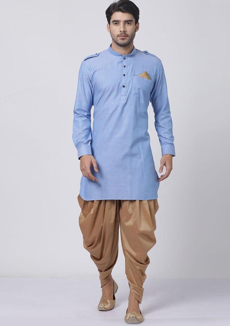 Blue Solid Pathani Kurta Set For Men