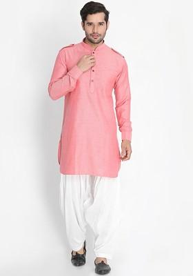 Pink Solid Pathani Kurta Set For Men