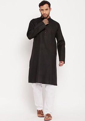 Black Solid Poly Blend Kurta Set For Men