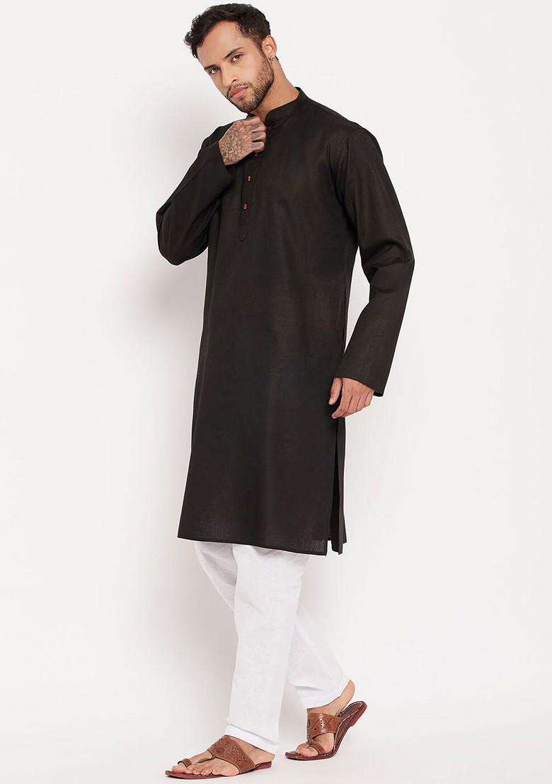 Black Solid Poly Blend Kurta Set For Men