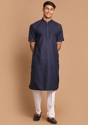 Navy Blue Solid Poly Blend Kurta Set For Men