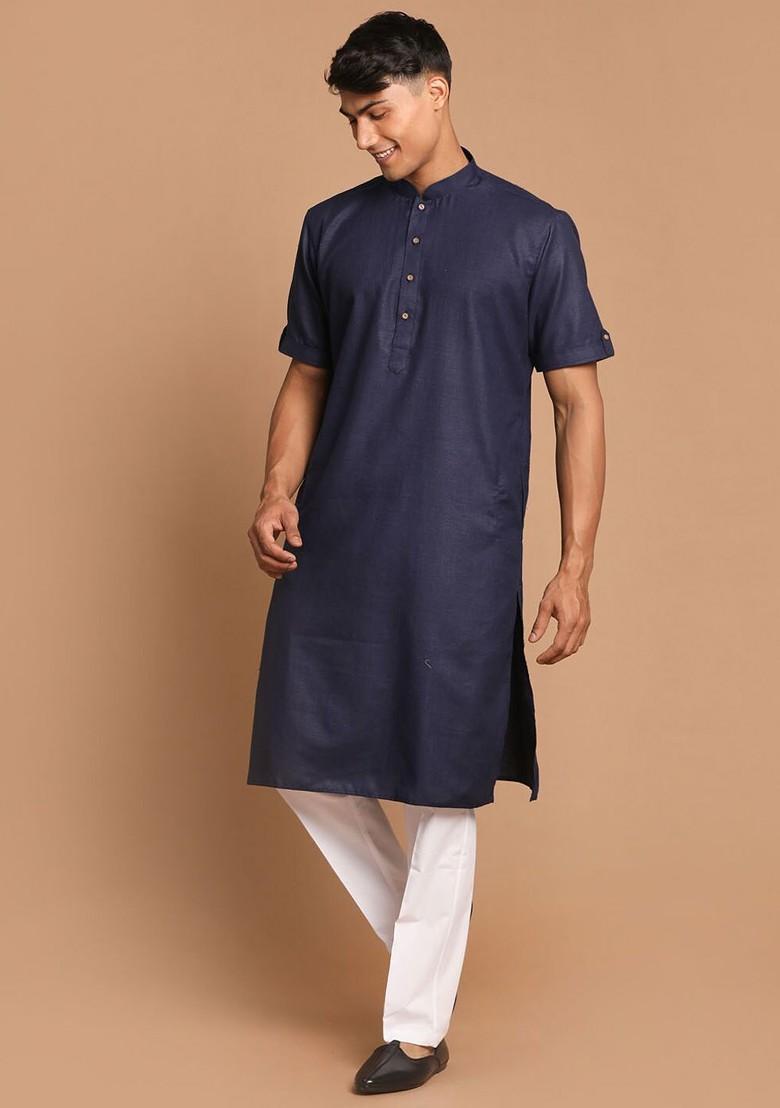 Navy Blue Solid Poly Blend Kurta Set For Men