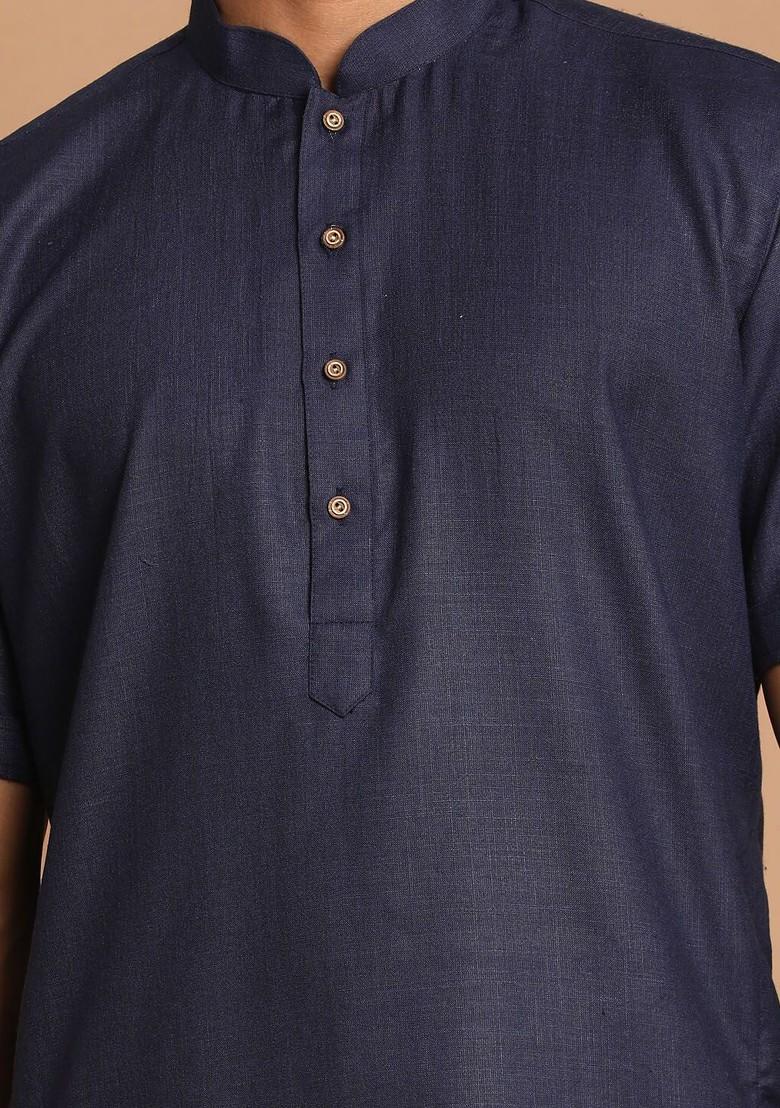 Navy Blue Solid Poly Blend Kurta Set For Men