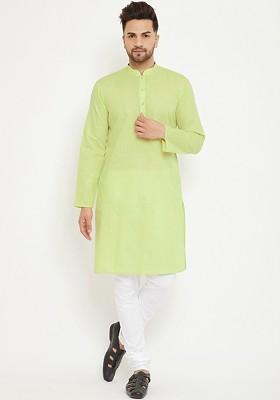 Green Solid Poly Blend Kurta Set For Men