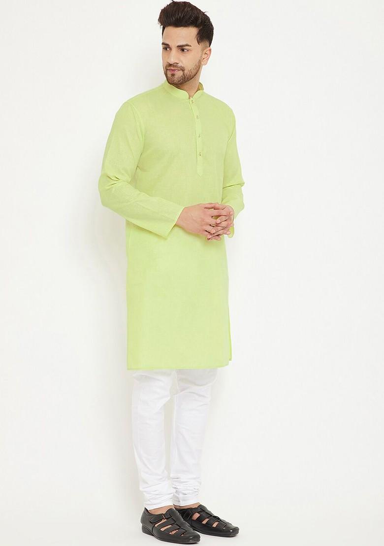 Green Solid Poly Blend Kurta Set For Men