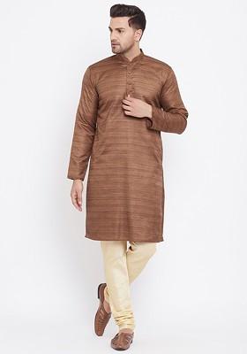 Coffee Brown Striped Poly Blend Kurta Set For Men