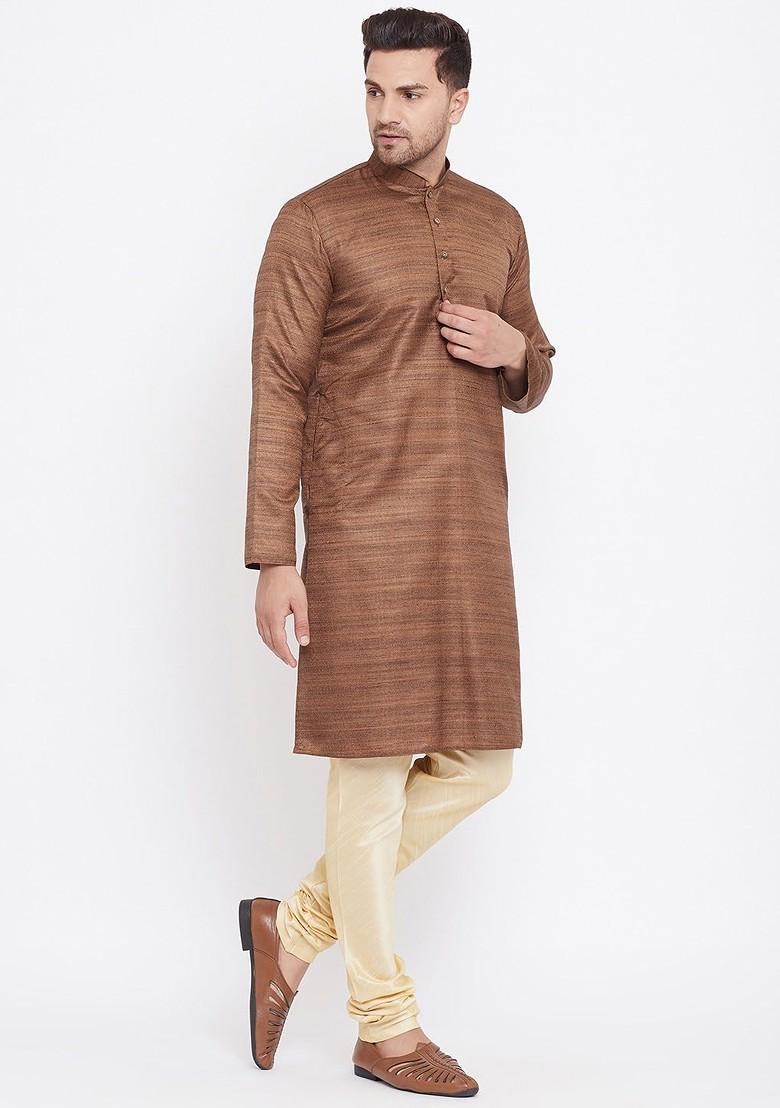 Coffee Brown Striped Poly Blend Kurta Set For Men