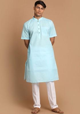 Blue Solid Poly Blend Kurta Set For Men