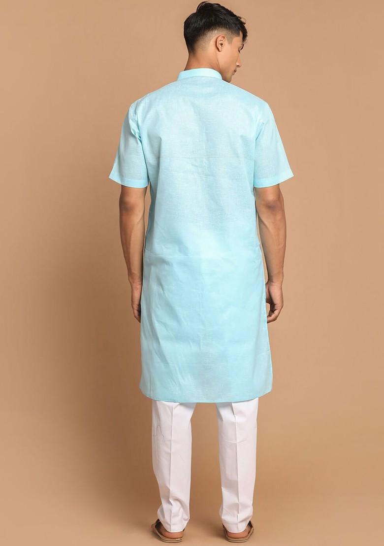 Blue Solid Poly Blend Kurta Set For Men
