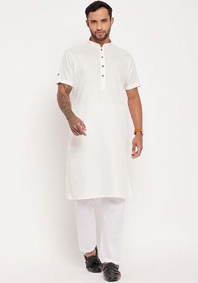White Solid Poly Blend Kurta Set For Men