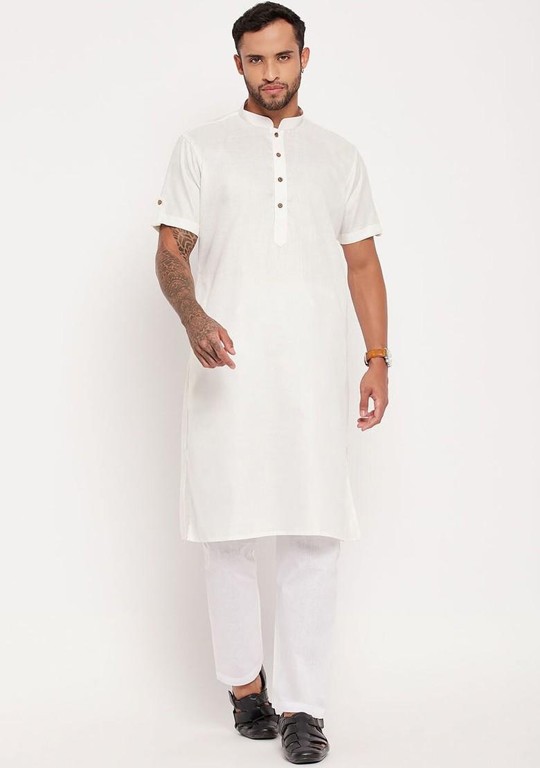 White Solid Poly Blend Kurta Set For Men