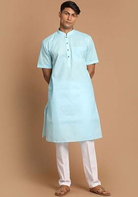 Blue Solid Poly Blend Kurta Set For Men