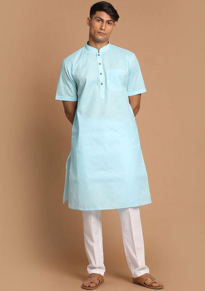 Blue Solid Poly Blend Kurta Set For Men