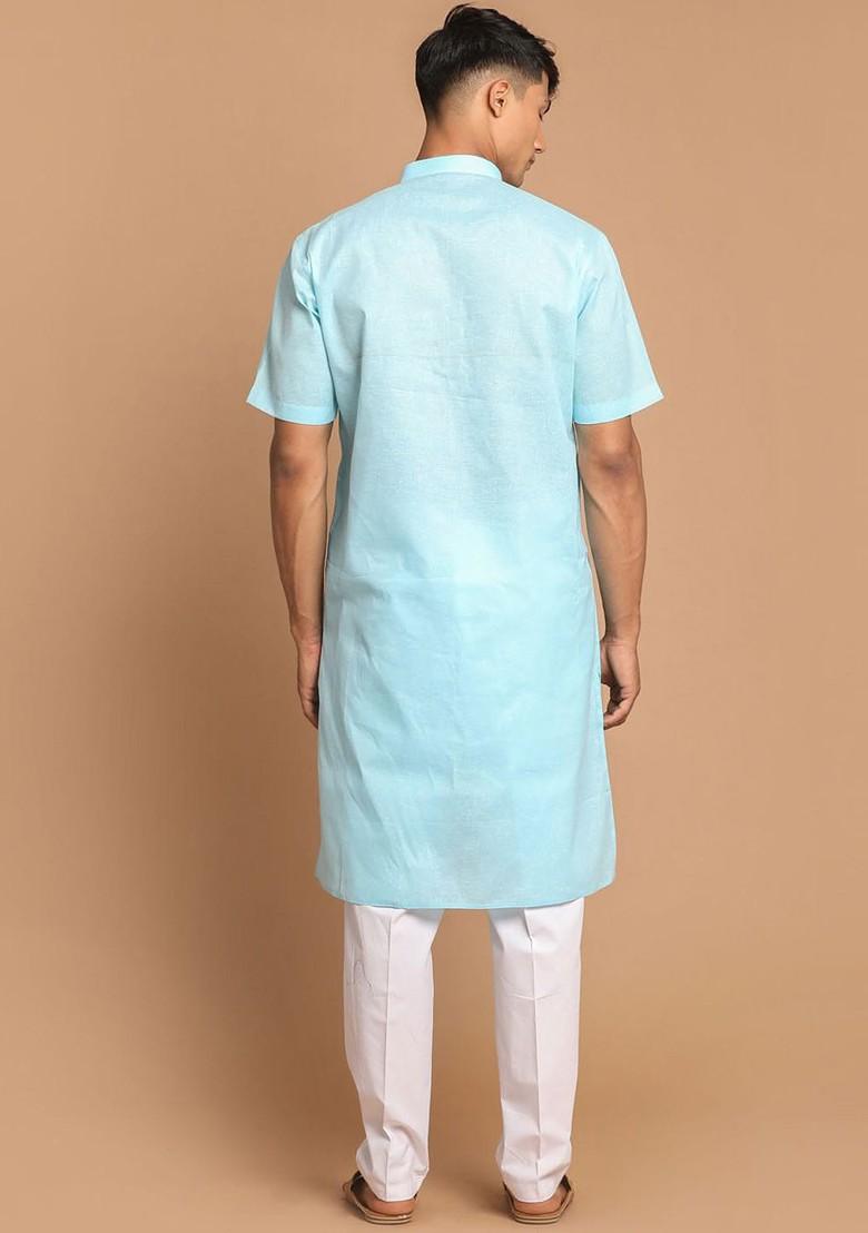 Blue Solid Poly Blend Kurta Set For Men