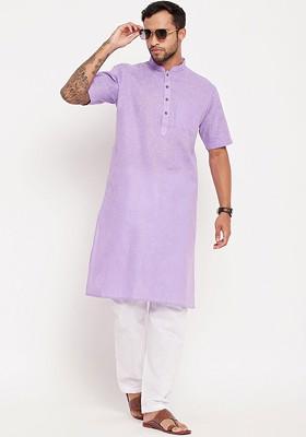 Purple Solid Poly Blend Kurta Set For Men