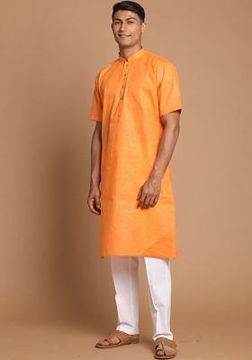Orange Solid Poly Blend Kurta Set For Men