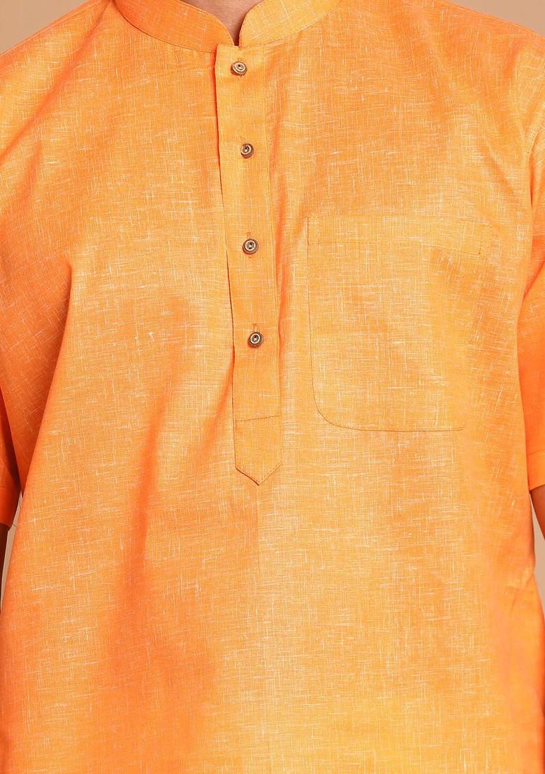Orange Solid Poly Blend Kurta Set For Men
