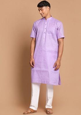 Purple Solid Poly Blend Kurta Set For Men