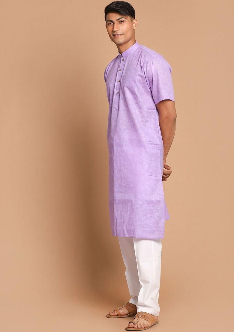 Purple Solid Poly Blend Kurta Set For Men