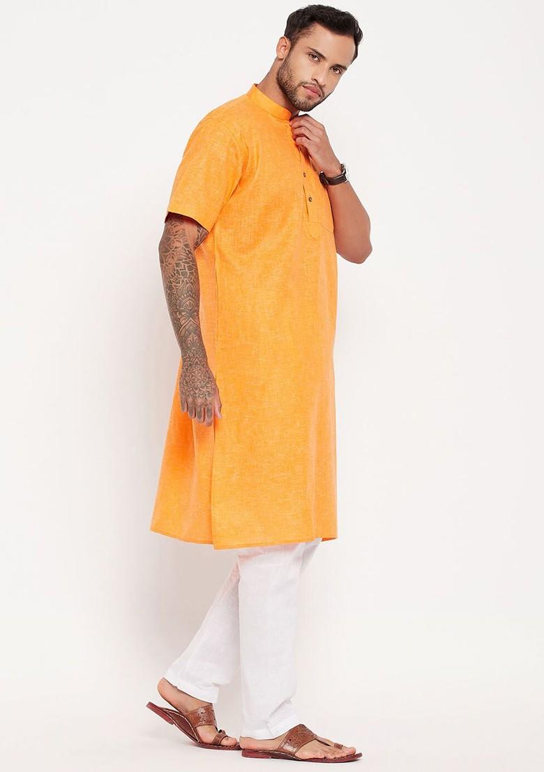 Orange Solid Poly Blend Kurta Set For Men