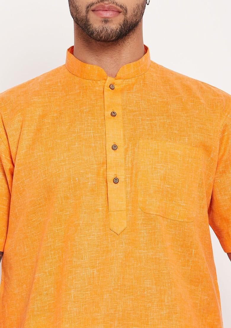 Orange Solid Poly Blend Kurta Set For Men