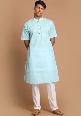 Blue Solid Poly Blend Kurta Set For Men