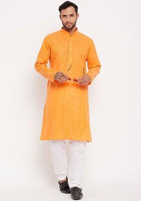 Orange Solid Poly Blend Kurta Set For Men