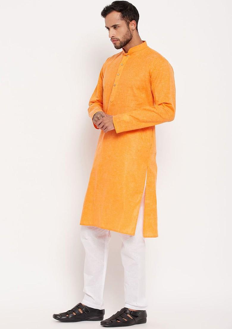 Orange Solid Poly Blend Kurta Set For Men