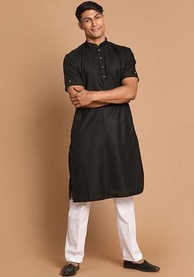 Black Solid Poly Blend Kurta Set For Men