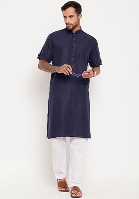 Navy Blue Solid Poly Blend Kurta Set For Men